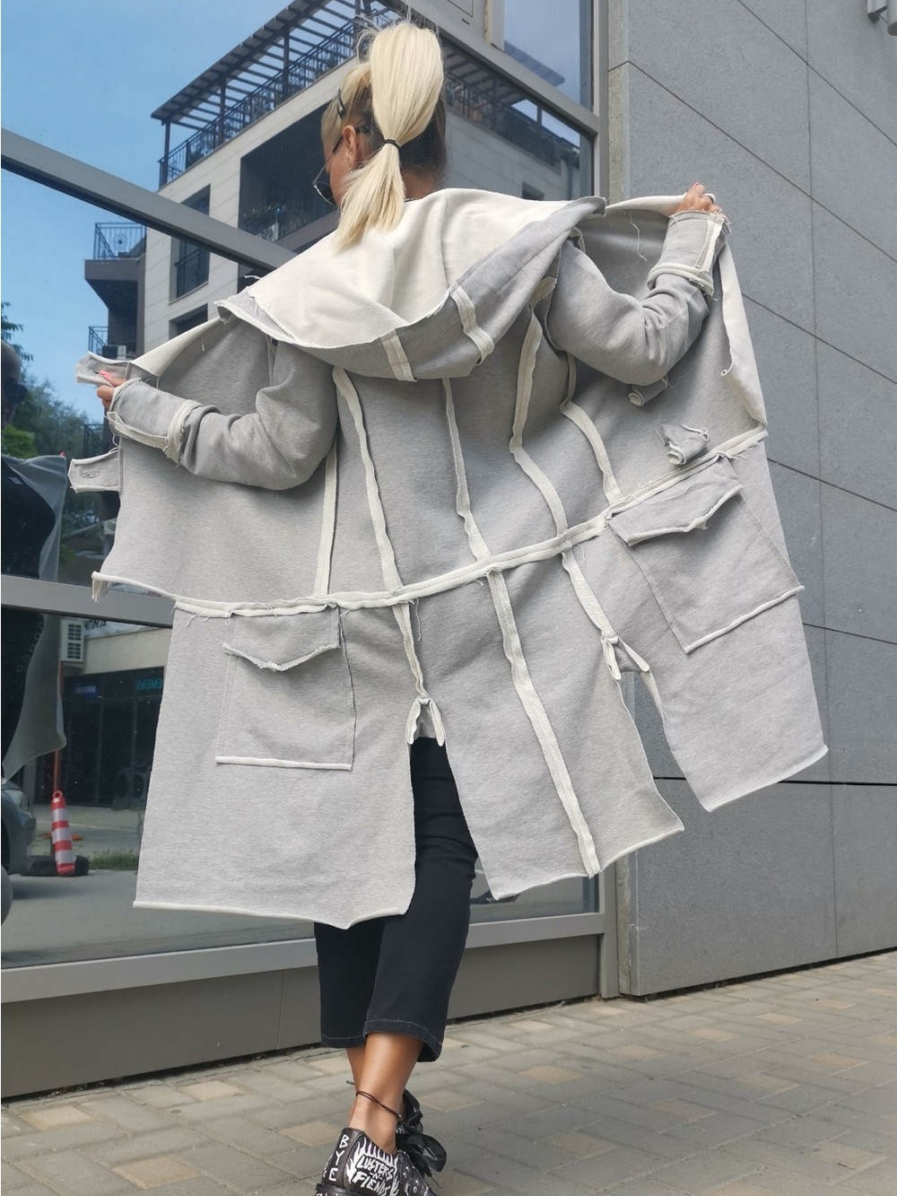 Light Gray Hooded Trench Coatigan with Contrast Seams